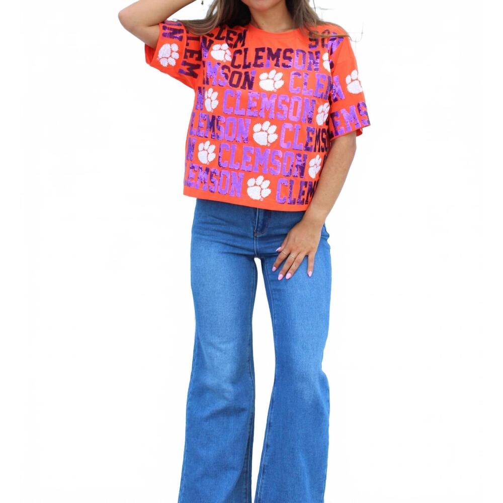 NEW STEWART SIMMONS clemson sequin repeat tee top in orange
